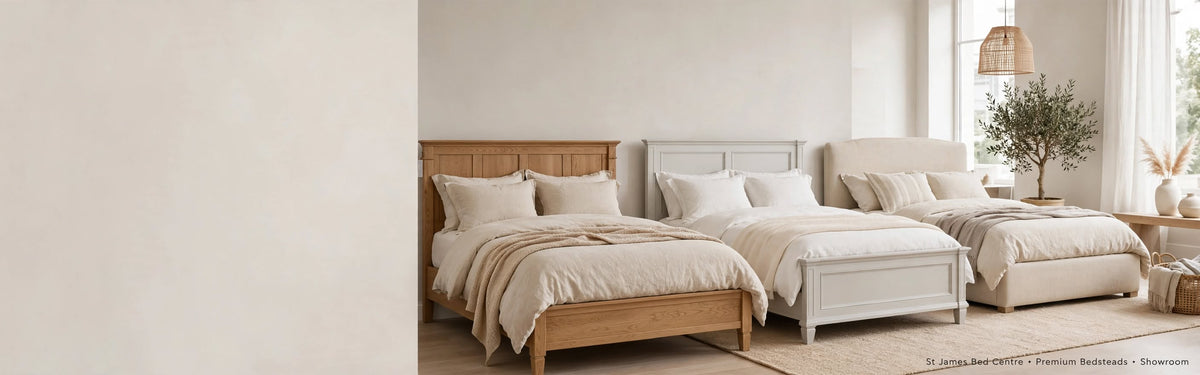 Premium wooden and upholstered bedsteads on display at St James Bed Centre in King's Lynn