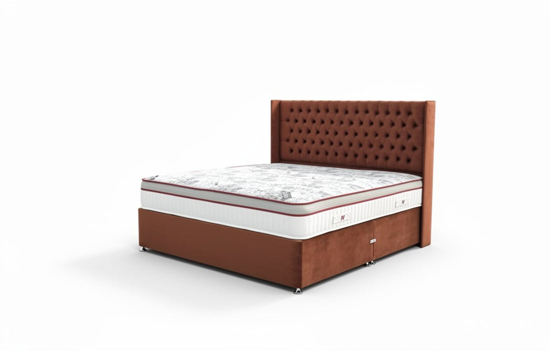 Activ 1000 by La Romantica graphene mattress with rust winged headboard and drawer divan base on white background at St James Bed Centre King's Lynn PE30 1AP, endorsed by Martin Offiah
