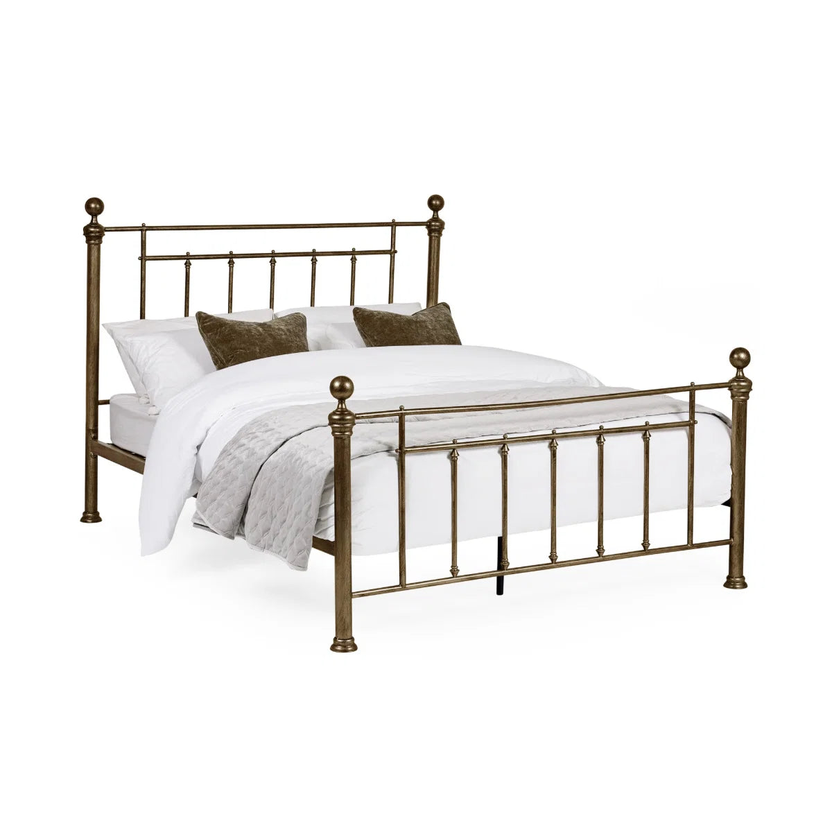 Aurelia bed frame in brass effect finish with slender metal bars and rounded finials