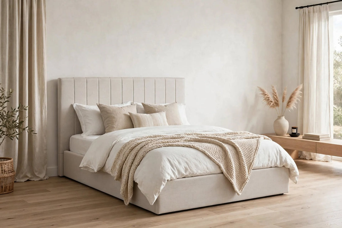 Aylen Oatmeal Storage Bed upholstered fabric St James Beds