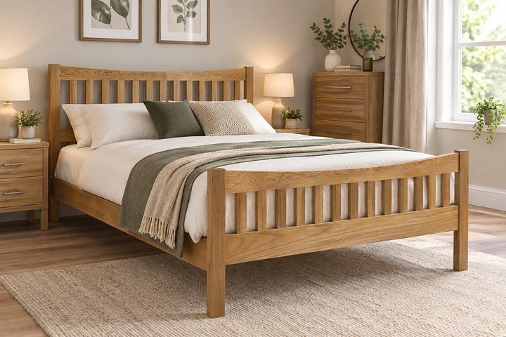 Bergamo solid white oak bed frame with slatted headboard and footboard in a modern bedroom – St James Beds.