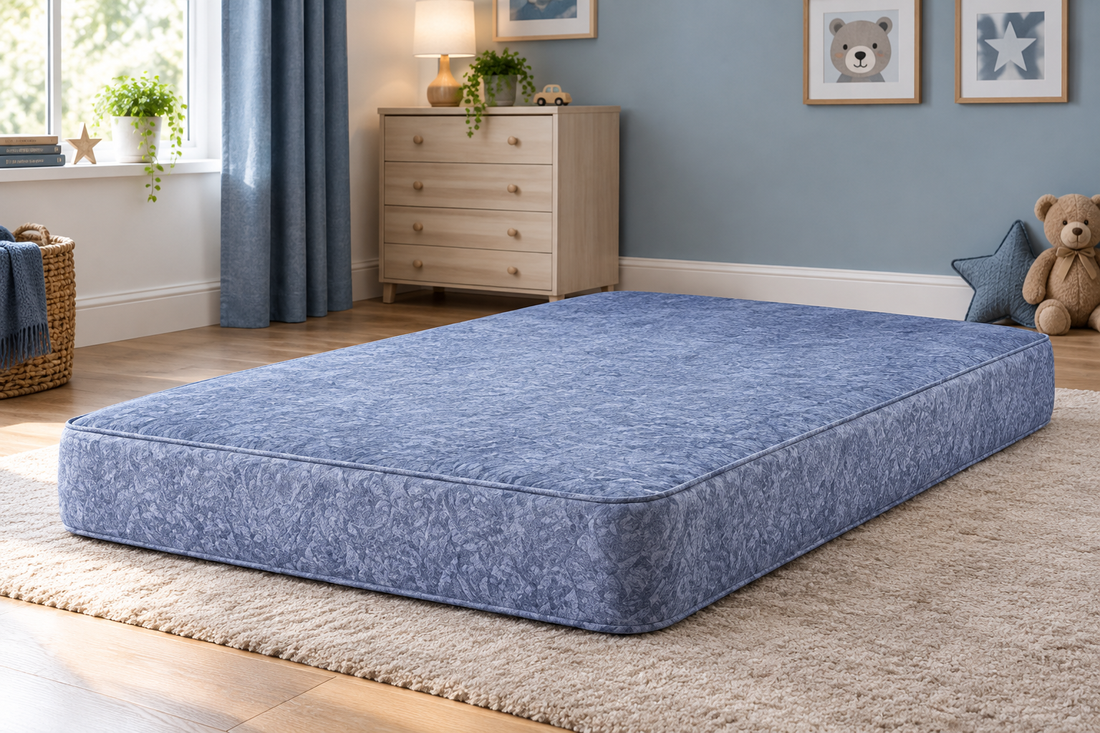 Blue medium-firm turnable mattress with 12.5 gauge springs – St James Bed Centre, King’s Lynn.