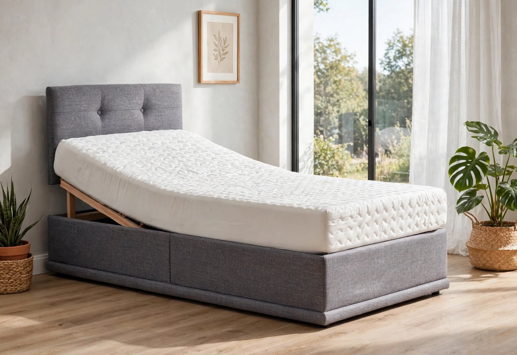 Budget Electric Adjustable Bed with Grey Fabric Headboard and Mattress - Adjustable Beds at St James Beds Centre King's Lynn