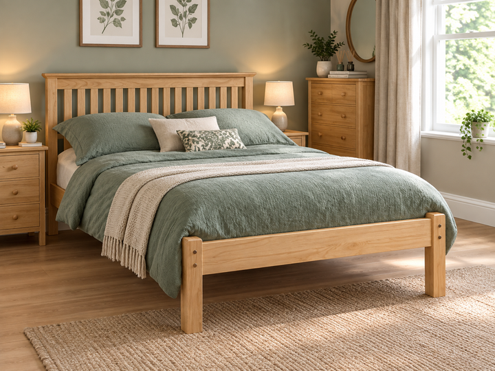 Burnham solid pine Shaker bed frame styled in a warm modern bedroom – St James Beds.