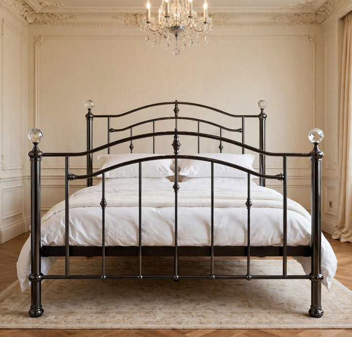 Callisto bed frame in black chrome finish with crystal finials classic styling - slatted base - St James Beds