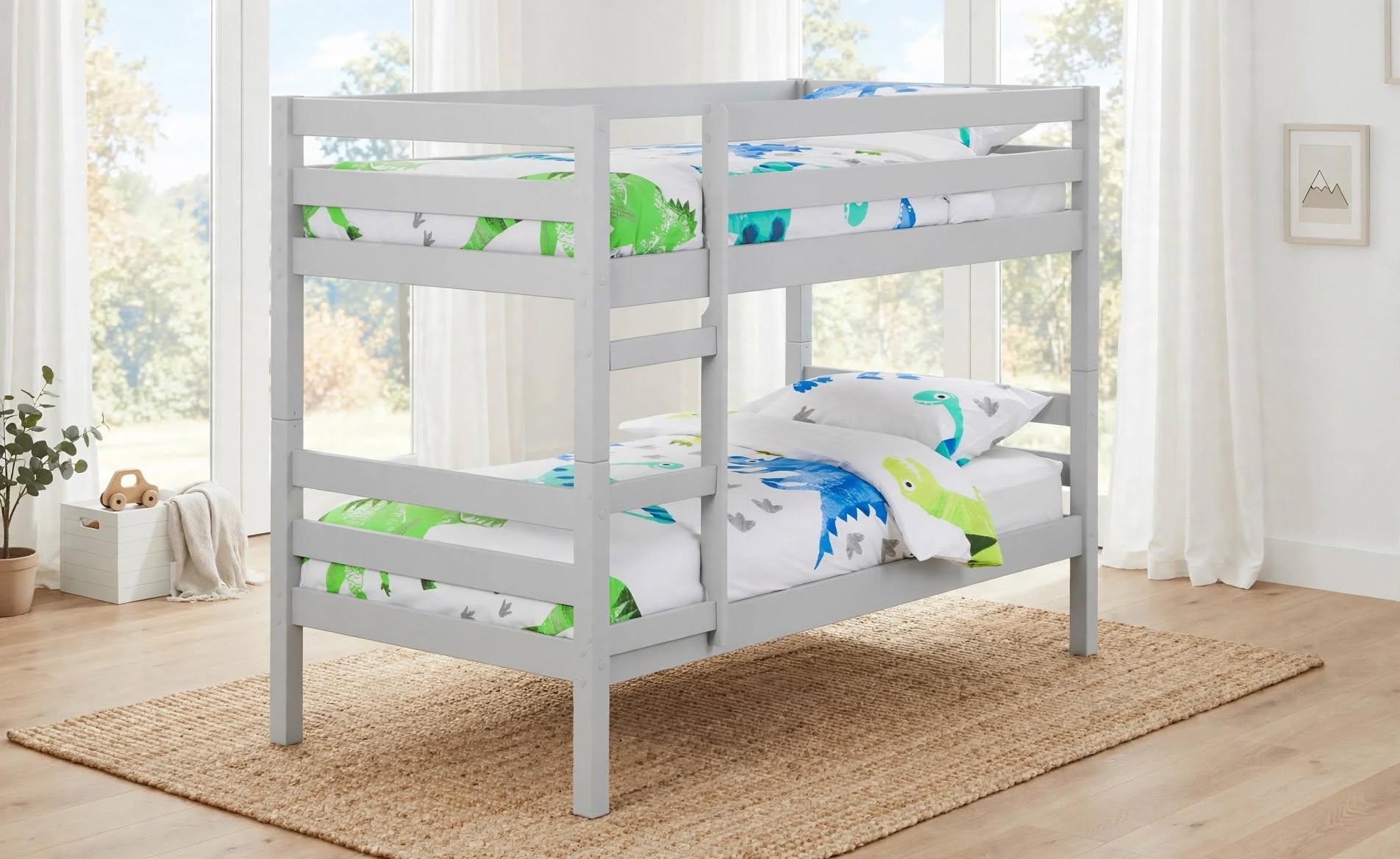 Camden bunk bed in dove grey solid pine slatted frame with ladder green blue dinosaur duvet set bedding front angled view - St James Beds