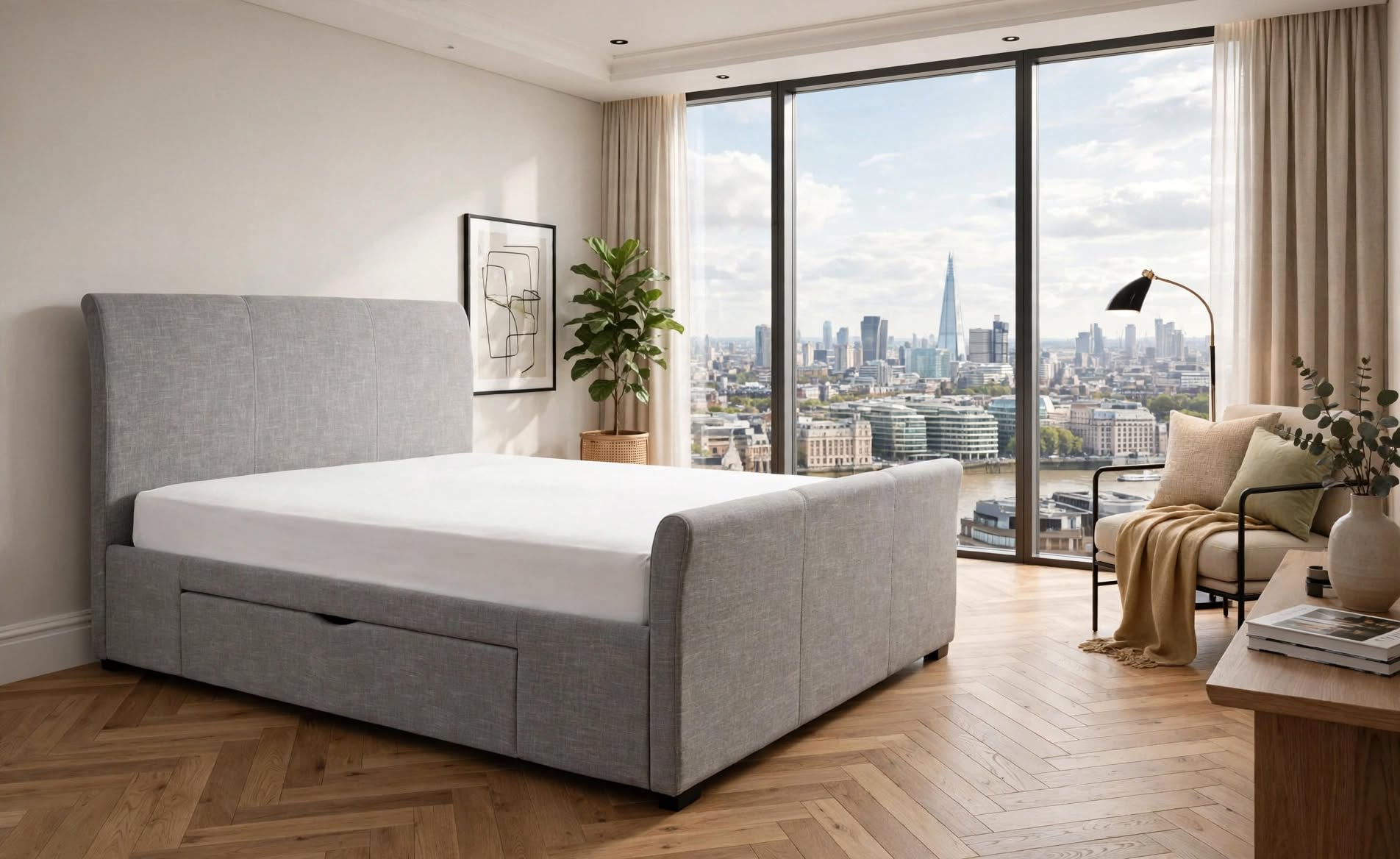 Capri fabric bed contemporary curved design in light grey linen with underbed storage drawers and white mattress - St James Beds