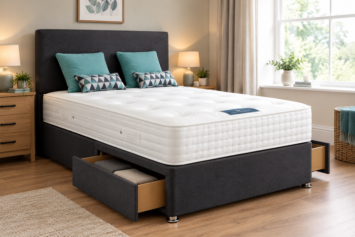 Charcoal upholstered storage bed with Rest Assured mattress and open drawers in a modern bedroom.