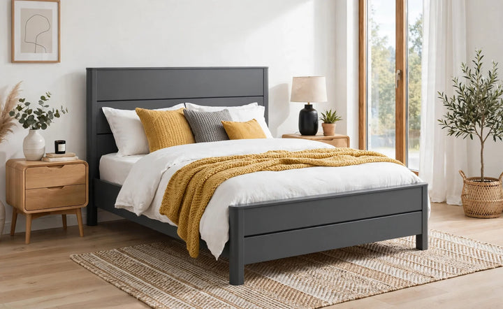 Chloe bed frame in storm grey lacquer with rounded corners - modern retro design - St James Bed Centre King's Lynn