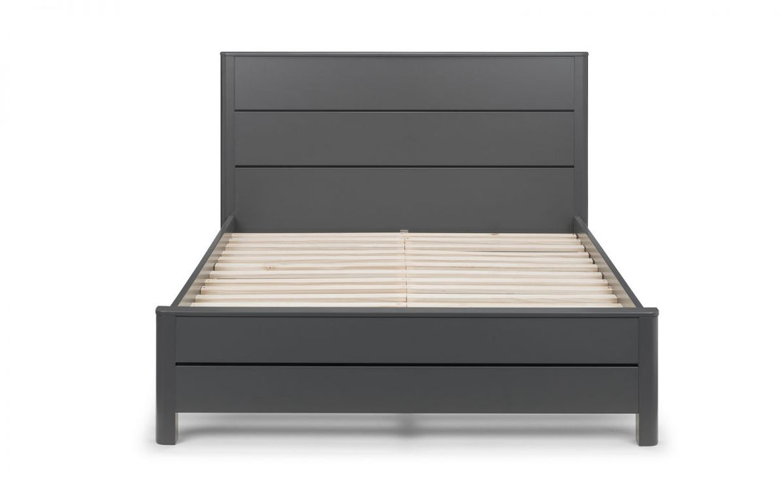 Chloe bed frame in storm grey lacquer with rounded corners, modern retro design