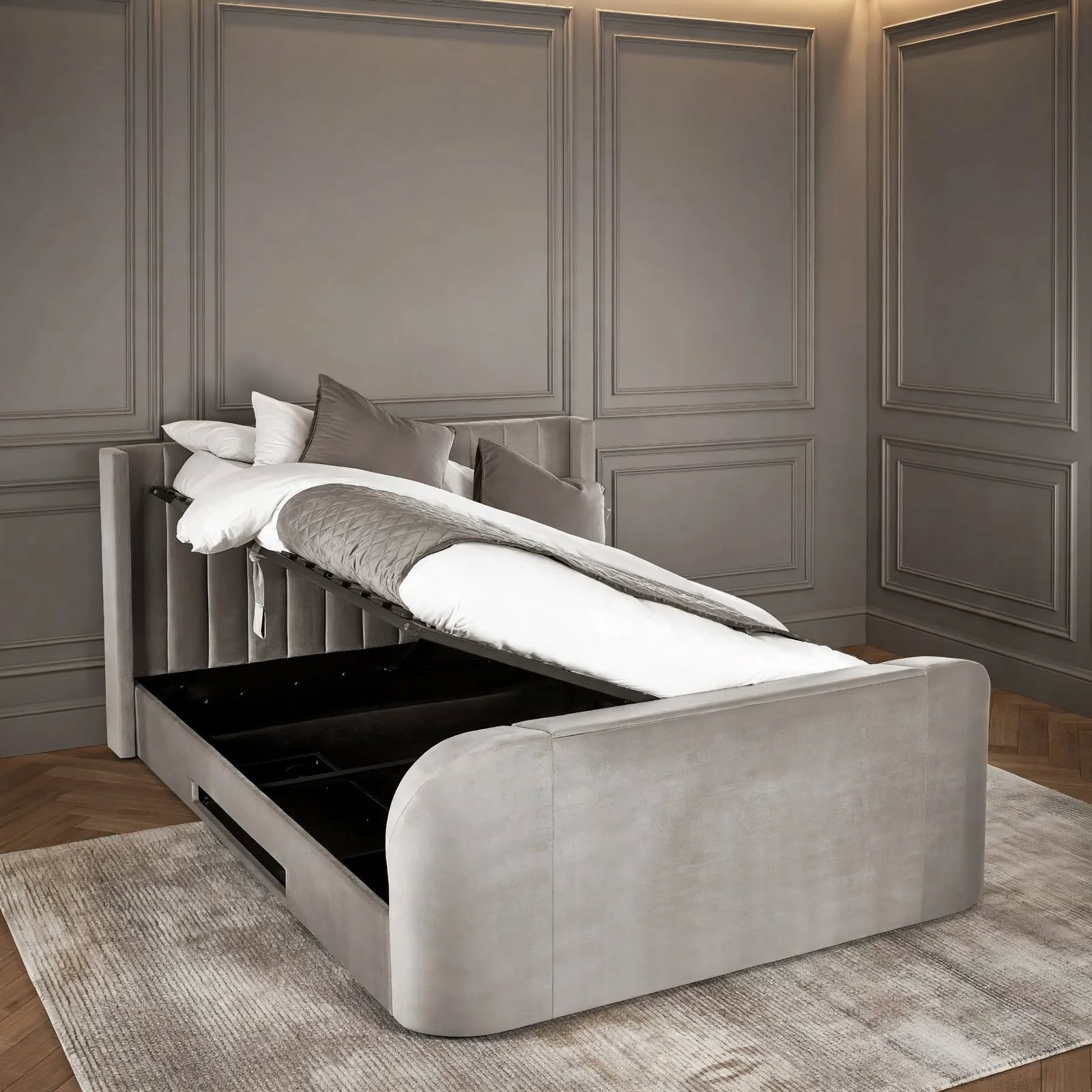 Clara ottoman TV bed in light grey fabric - ottoman open - TV bed - St James Beds