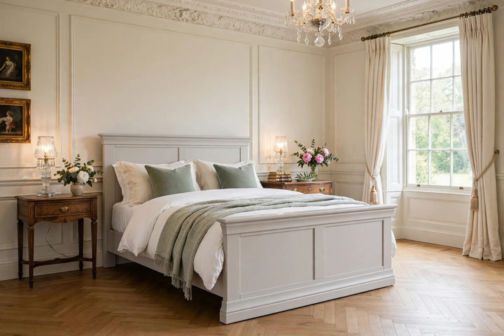 Clermont bed frame in light grey with French elegance - St James Bed Centre King's Lynn
