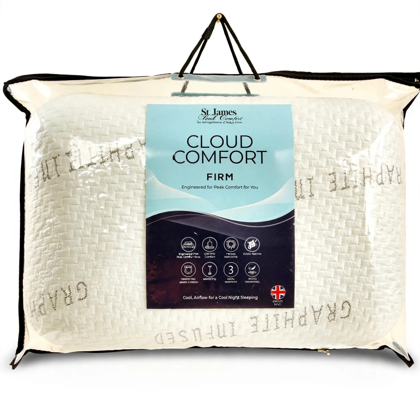 Cloud Comfort Firm Pillow with graphite infused cooling memory foam on luxury bed