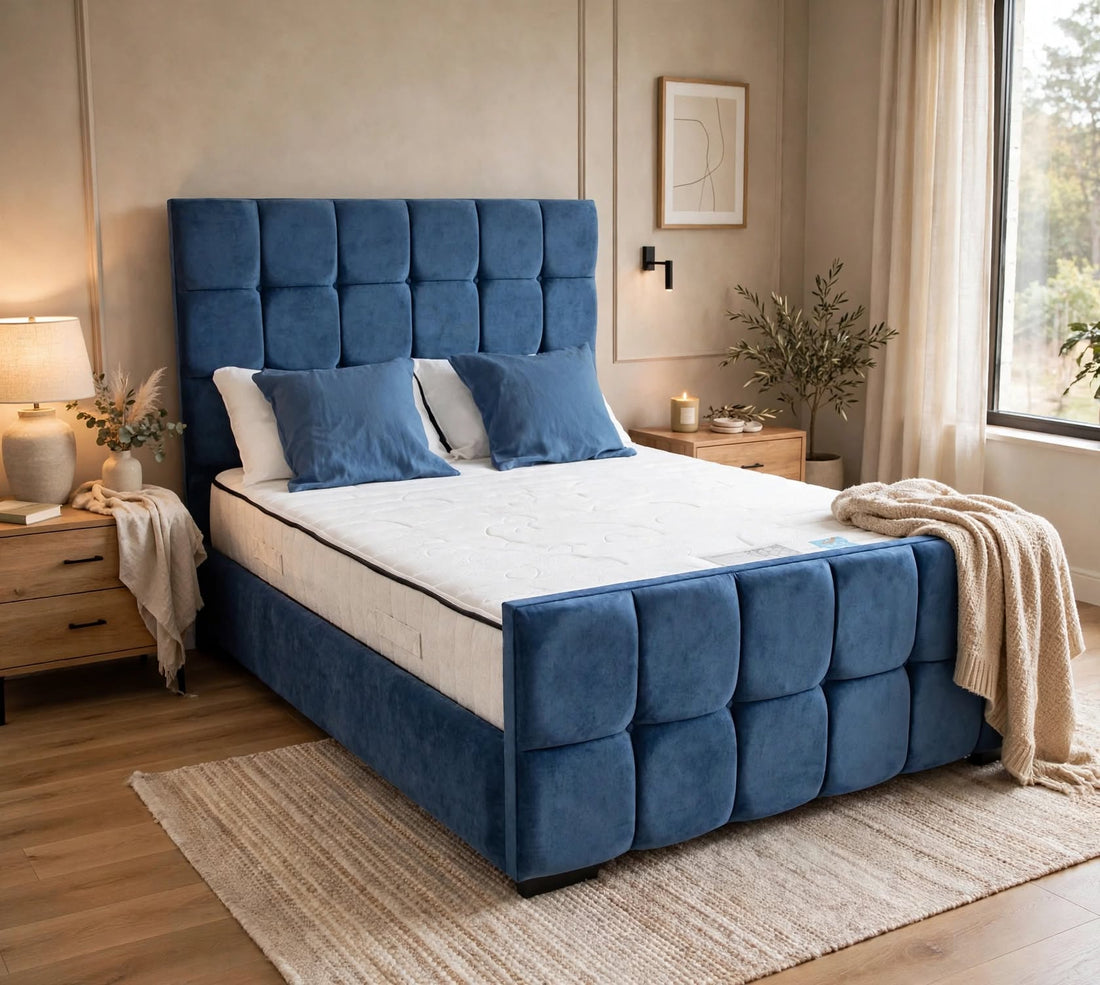 Cypress Bed Frame Deep Button Square Panel Design Navy Blue Velvet Bed Frame Delivery Norfolk - St James Bed Centre Kings Lynn