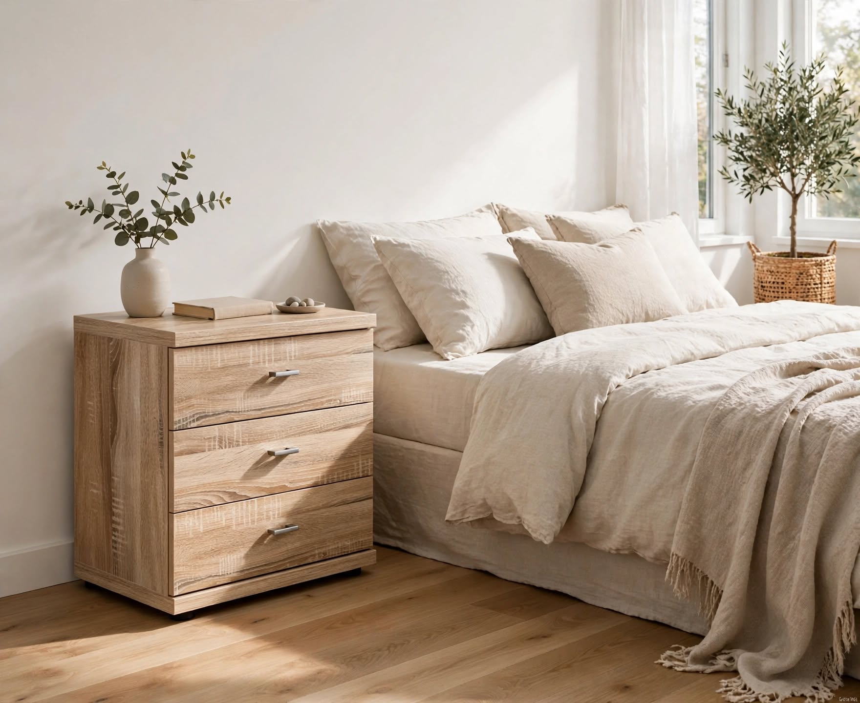 Dakar 3 Drawer Bedside Table in Light Sonoma Oak - St James Beds Centre King's Lynn