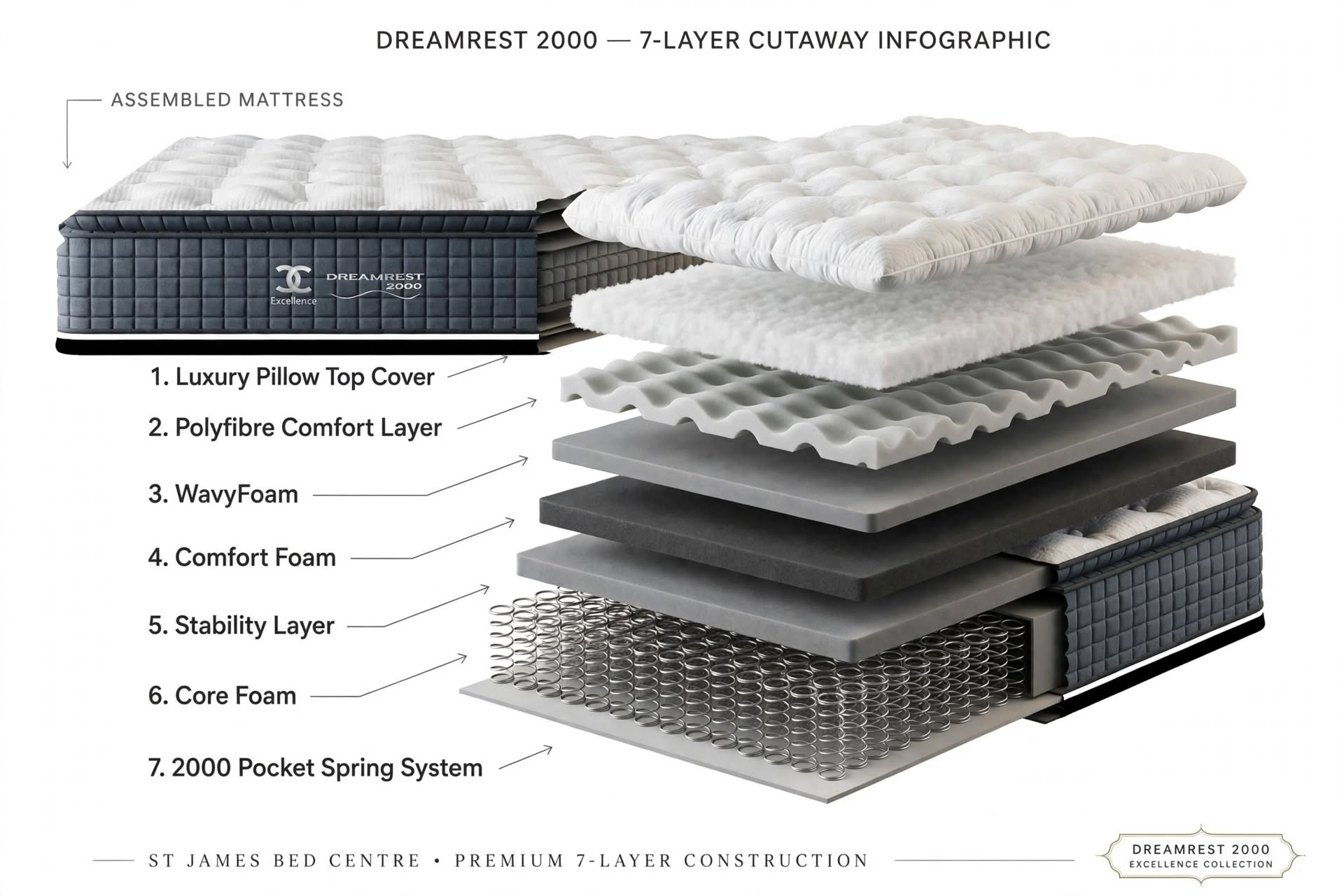 Dreamrest 2000 Excellence Pillow Top Mattress - 2000 Pocket Springs