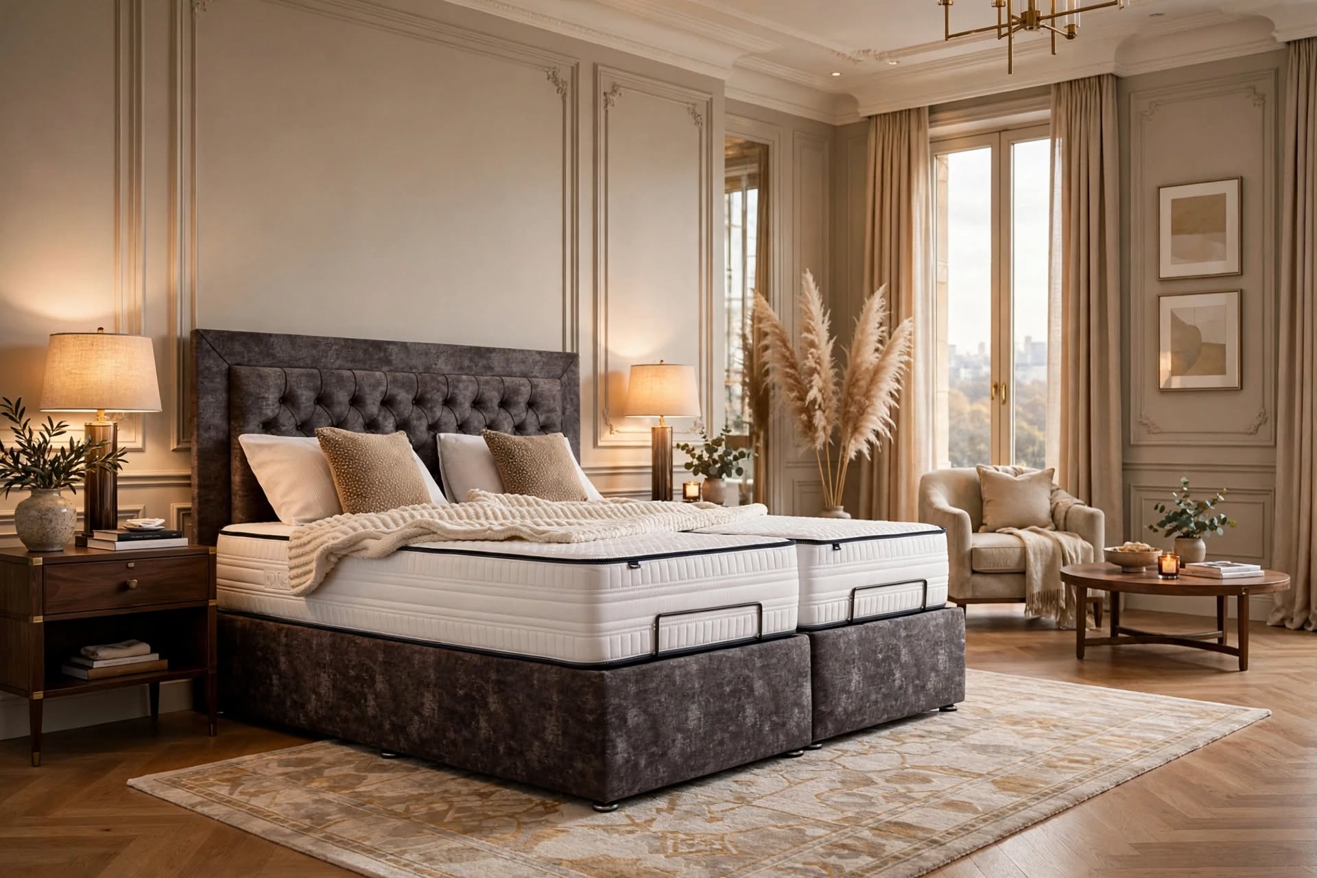 Trio dual adjustable bed set with pocket sprung mattress and charcoal crushed velvet wingback headboard in large luxury bedroom suite - St James Bed Centre King's Lynn