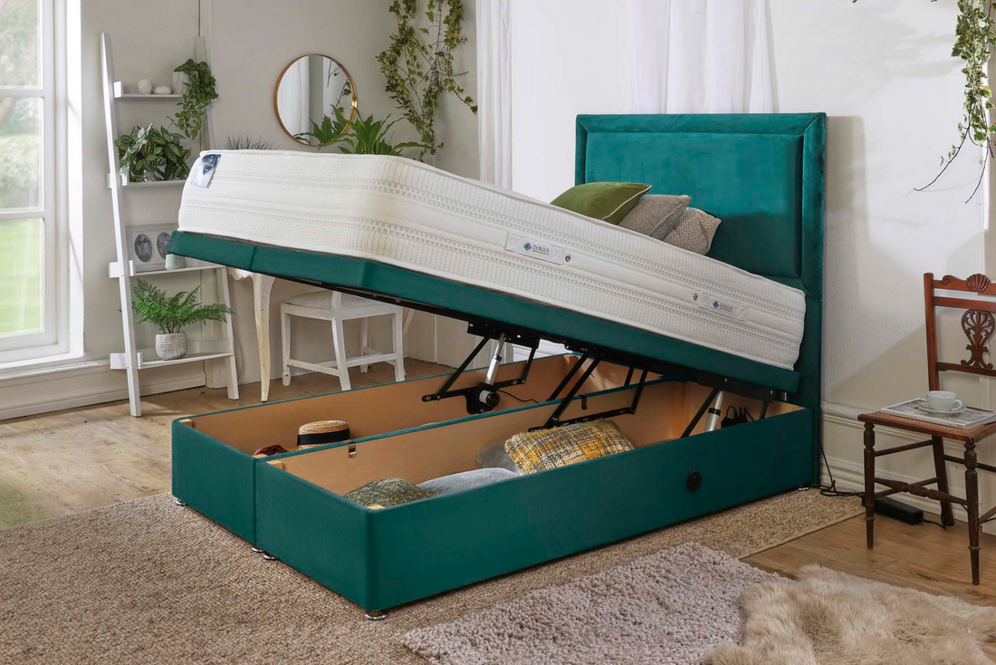 Electric ottoman divan base with remote control lifting open to show under bed storage - St James Bed Centre King’s Lynn