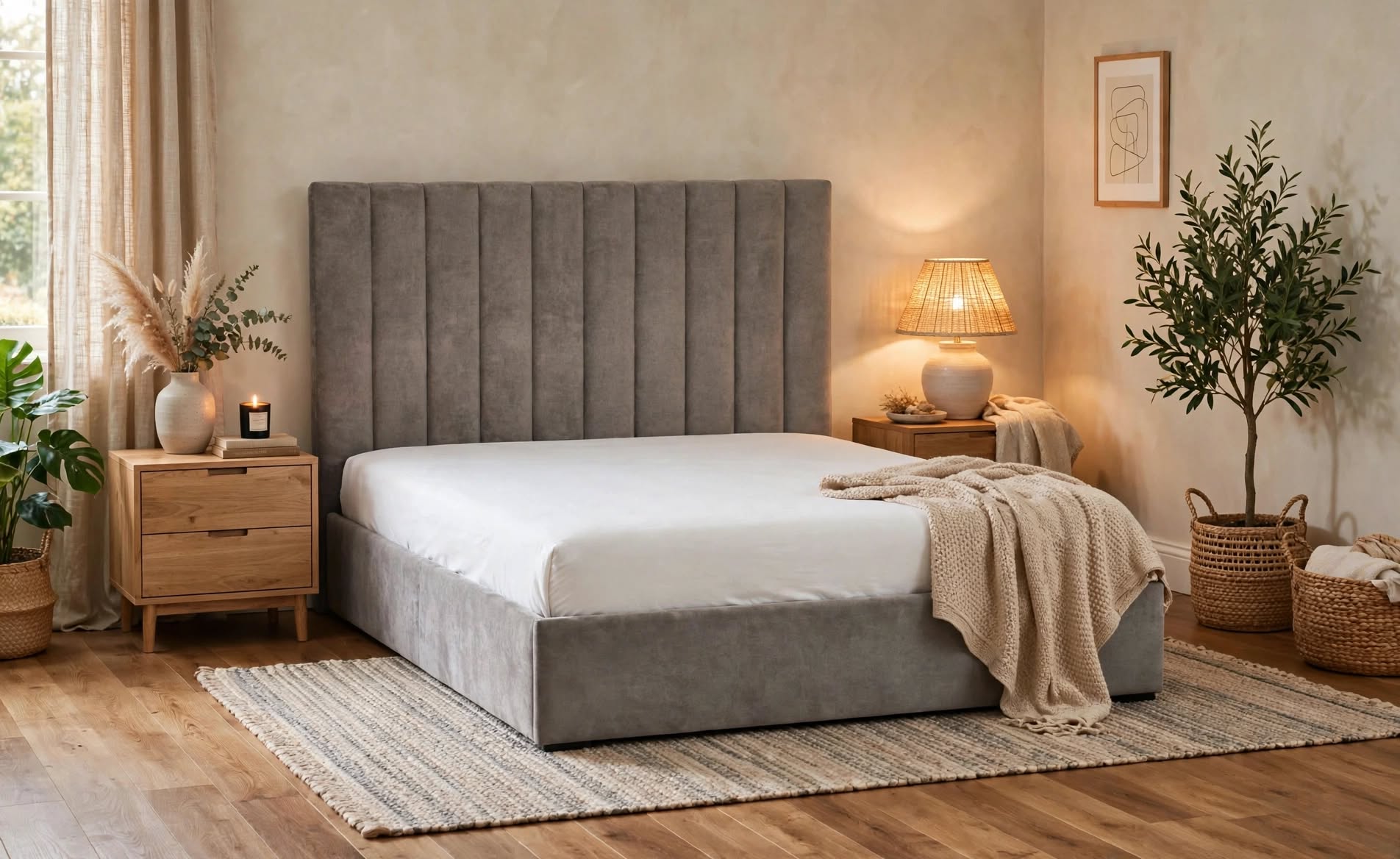 Elouise bed frame in sophisticated chenille grey with tall vertical fluted headboard and white mattress angled view - St James Beds