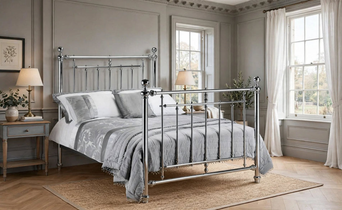 Empress chrome bed frame with high headboard and matching footboard imposing design polished chrome metal frame ball finials traditional Victorian style grey bedding - St James Beds