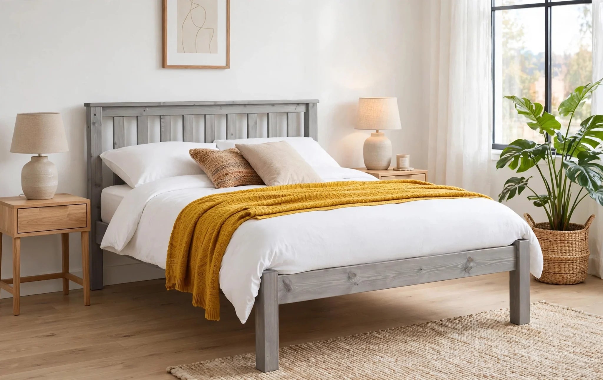Epperstone shaker style solid timber bed frame in grey wash at St James Bed Centre King's Lynn