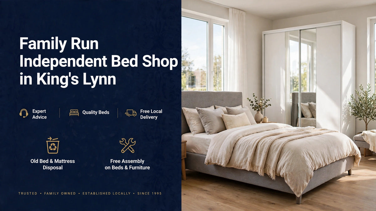 Family Run Independent Bed Shop in King's Lynn - Grey Fabric Divan Bed with White Mirrored Sliding Wardrobe - Expert Advice, Quality Beds, Free Local Delivery, Old Bed & Mattress Disposal, Free Assembly at St James Bed Centre