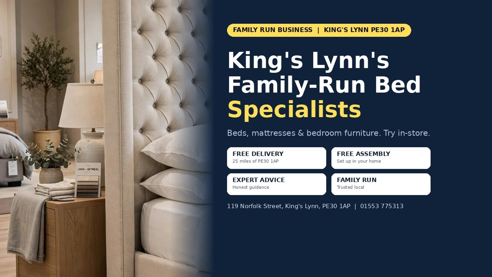 Family bed specialists King's Lynn PE30 1AP - St James Bed Centre 119 Norfolk Street - beds, mattresses, divan beds - free delivery, free assembly, free disposal