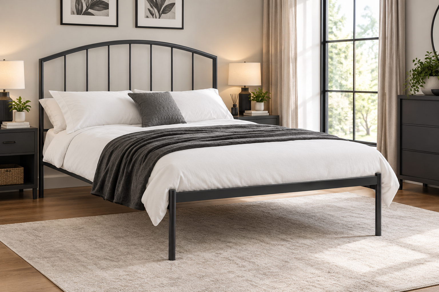 Finlay anthracite metal bed frame styled in a modern bedroom – St James Beds.