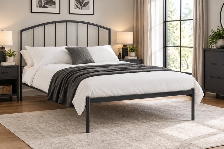 Finlay anthracite metal bed frame styled in a modern bedroom – St James Beds.