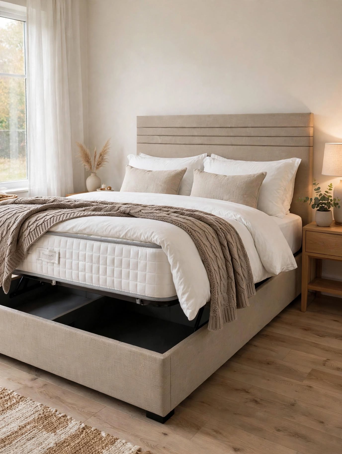 Galaxy 1500 Ottoman Bed Package in Beige Linen - Ottoman Storage Bed with Mattress, Tufted Headboard, Dressed with White Bedding and Beige Cushions, Lid Slightly Open Showing Storage
