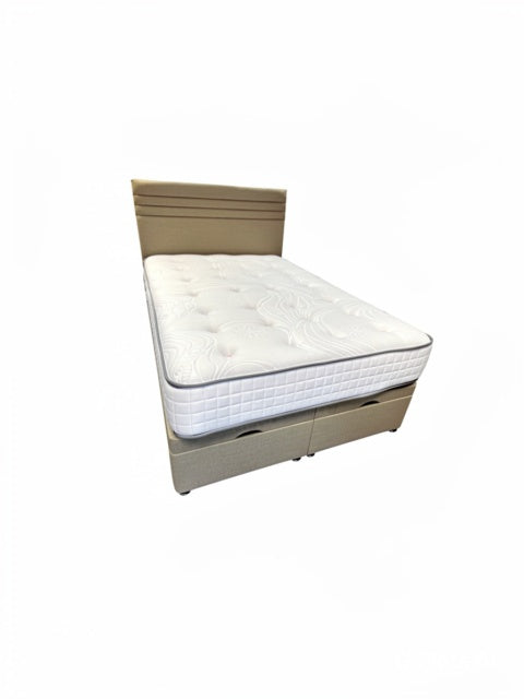 End-lift ottoman bed base with Galaxy mattress showing large storage area, headboard included, St James Beds