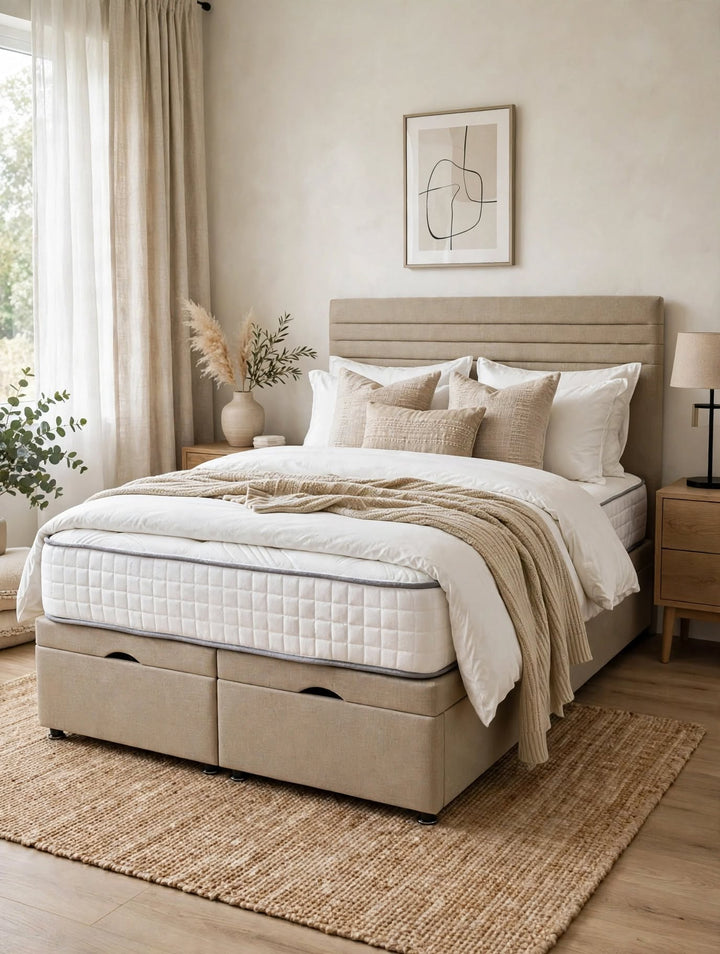 Galaxy 1500 Pocket Spring Mattress with end-lift ottoman base open showing deep storage and matching headboard by St James Beds King's Lynn