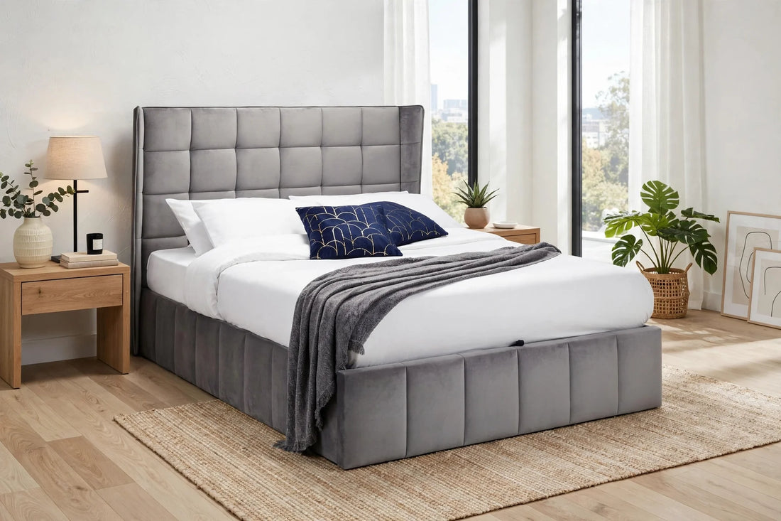 Gatsby Ottoman bed with winged headboard in grey velvet - St James Bed Centre King's Lynn