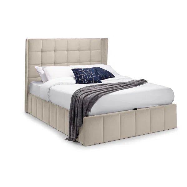 Gatsby bed in cream velvet showing pull-up ottoman storage lifted open