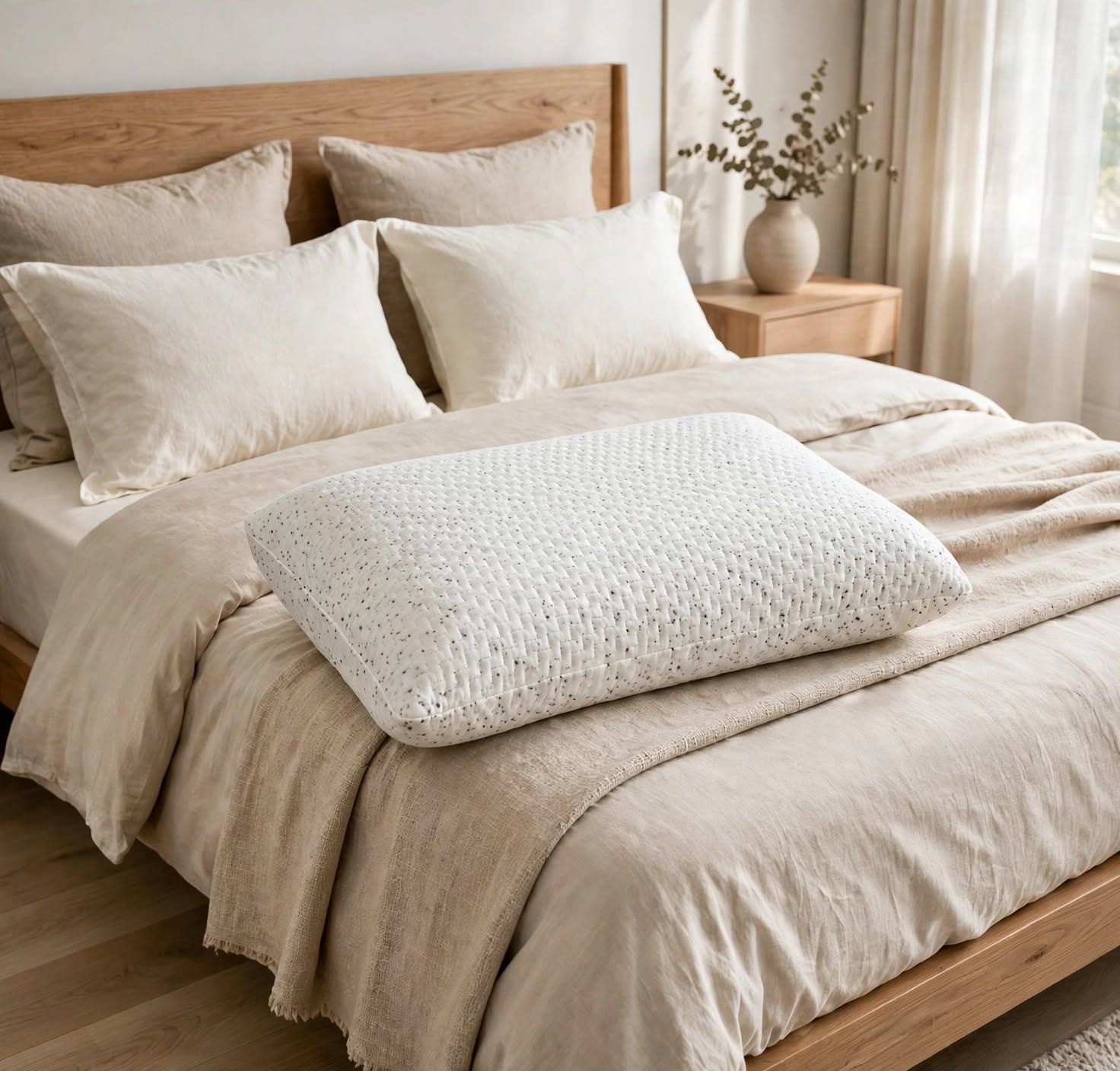 Graphite infused cooling memory foam firm pillow styled on luxury bed with natural light and wooden floor