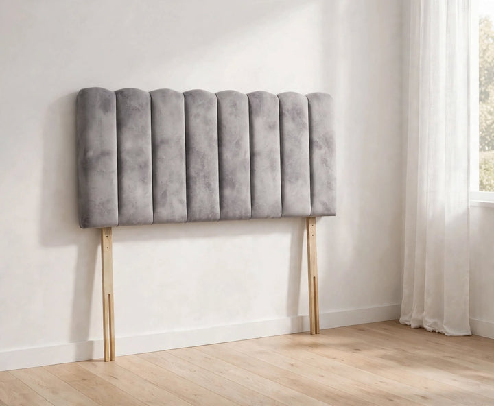 Grey Velvet Fluted Headboard with Vertical Panels and Scalloped Top - Fabric Headboards at St James Beds Centre King's Lynn