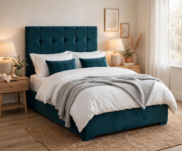 Harmony 1000 Ottoman Package in Teal Velvet - Cube Headboard Ottoman Storage Bed with Harmony 1000 Pocket Mattress, Dressed with White Bedding, Teal Cube Cushions and Grey Knit Throw in Homely Bedroom
