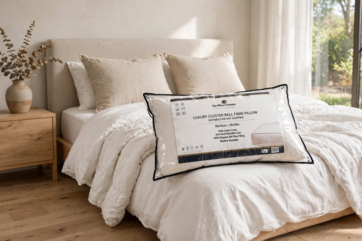 Harrison Spinks Luxury Cluster Ball Fibre Pillow in Packaging on Bed - Hotel Comfort Box Pillow at St James Beds Centre King's Lynn