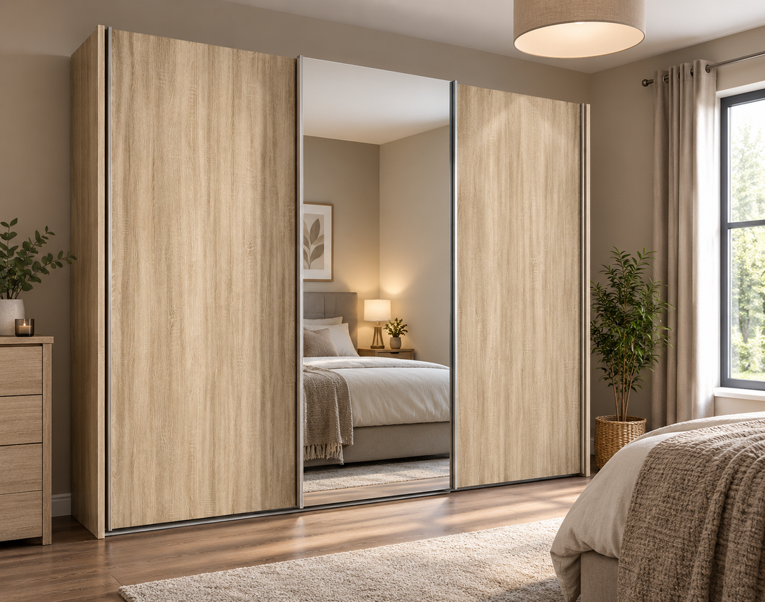 Holt 3-door sliding wardrobe with mirrored centre panel – St James Bed Centre, King’s Lynn.