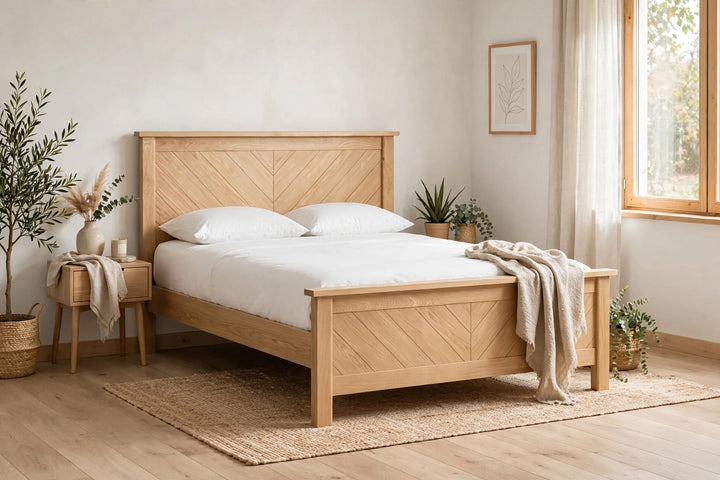 Kenji Oak bed frame with flowing chevron design in solid American Oak - head and footboard - St James Beds