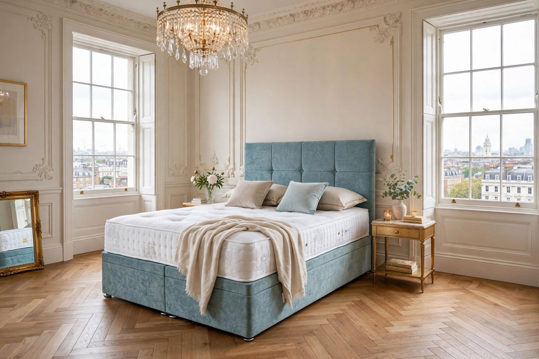Knightsbridge divan bed in duck egg blue crushed velvet with cubed 6-panel headboard and deep tufted mattress ottoman storage base front view - St James Beds