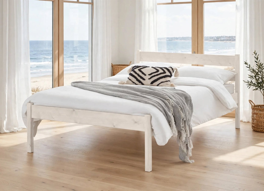 Lenton bed frame in solid pine with modern stylish design low profile whitewash finish wooden slatted headboard - St James Beds