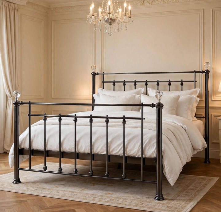 Libra bed frame in black chrome finish with crystal finials classic design - white bedding - classic luxury bedroom with chandelier - St James Beds Kings Lynn