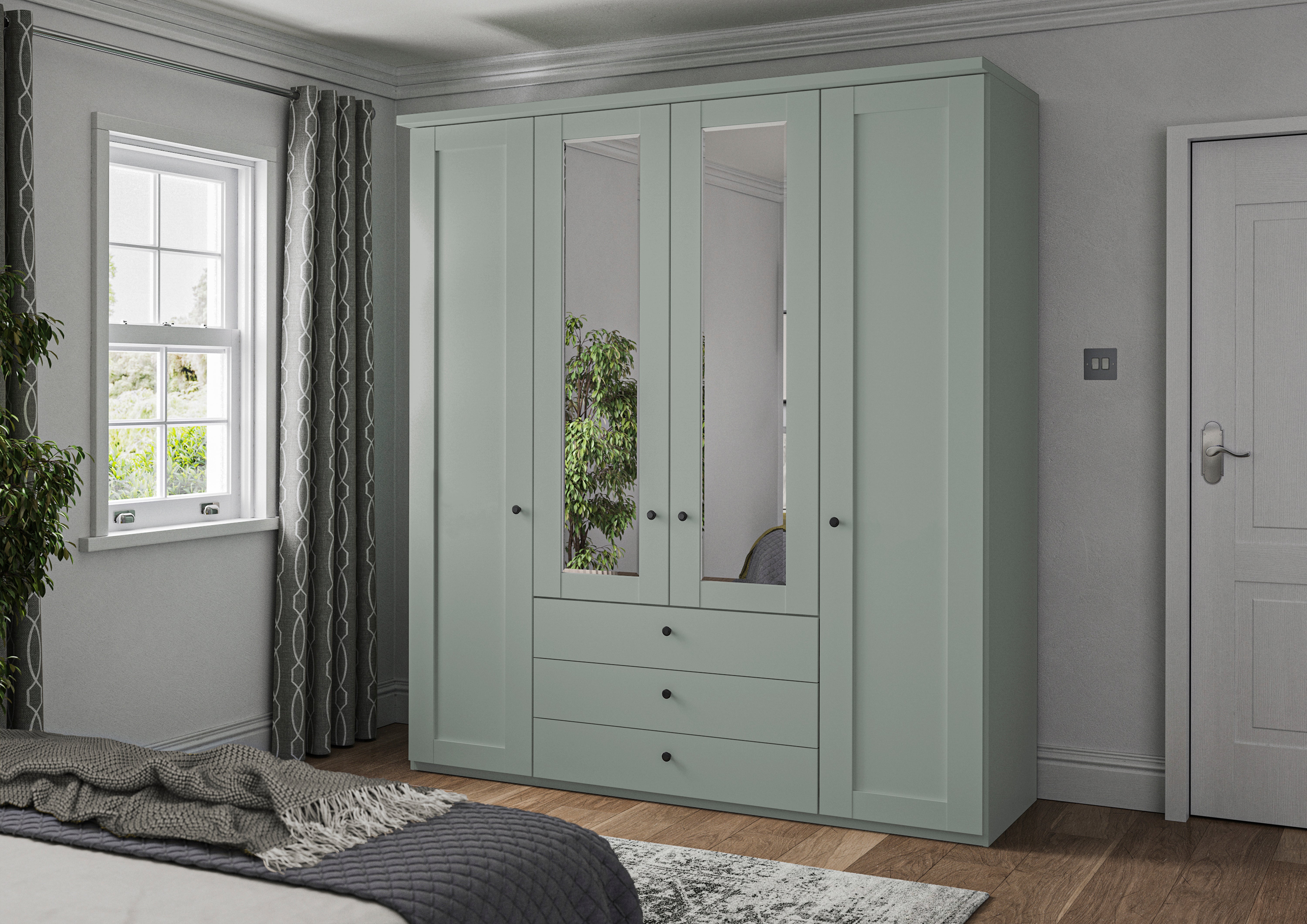 Linate traditional panel effect wardrobe in sage green, white, and pebble grey colour options at St James Bed Centre King's Lynn PE30 1AP, combi wardrobe with built-in drawers