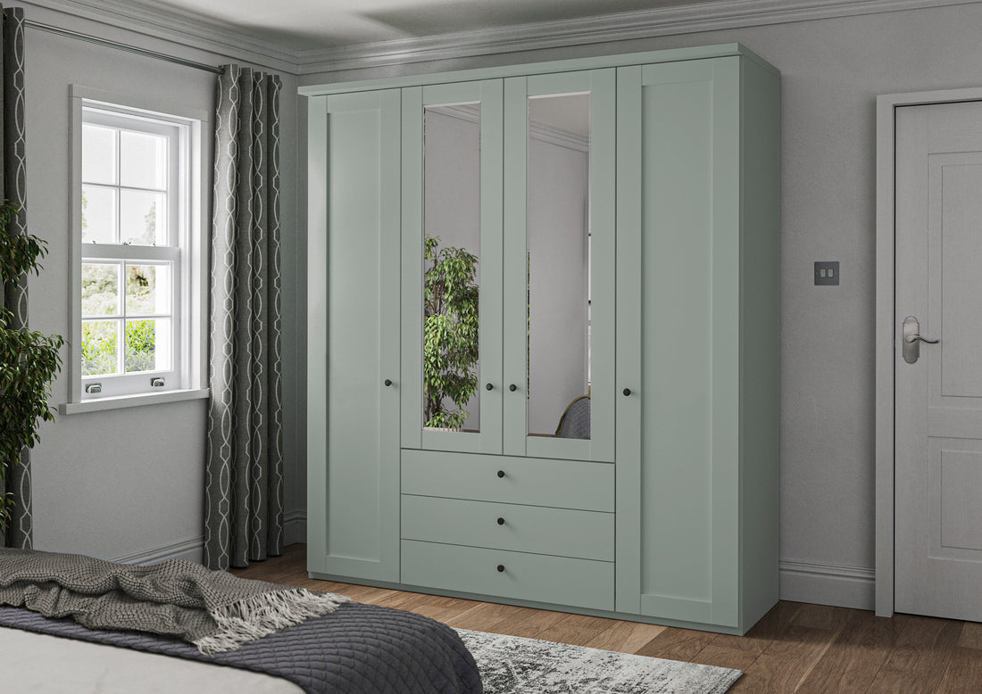 Linate traditional panel effect wardrobe in sage green, white, and pebble grey colour options at St James Bed Centre King's Lynn PE30 1AP, combi wardrobe with built-in drawers