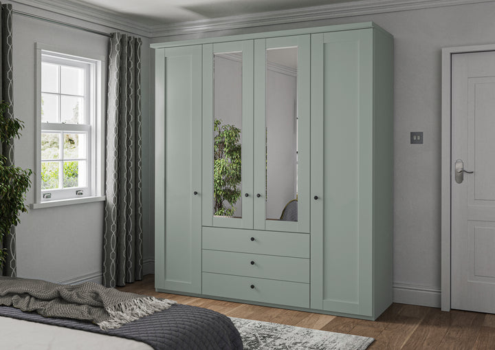 Linate traditional panel effect wardrobe in sage green, white, and pebble grey colour options at St James Bed Centre King's Lynn PE30 1AP, combi wardrobe with built-in drawers
