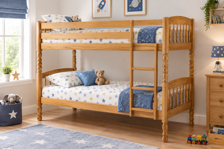 Lincoln wooden bunk bed with turned posts and ladder in a children’s bedroom – St James Bed Centre, King’s Lynn.