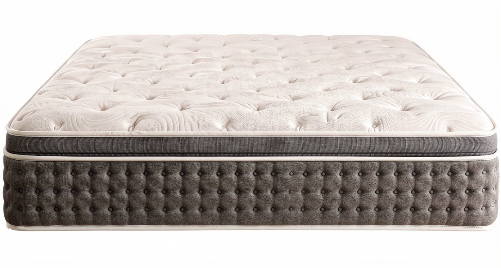 Lux Pocket Memory Mattress with 1000 pocket springs, white tufted top and grey foam encapsulated sides, medium luxury feel