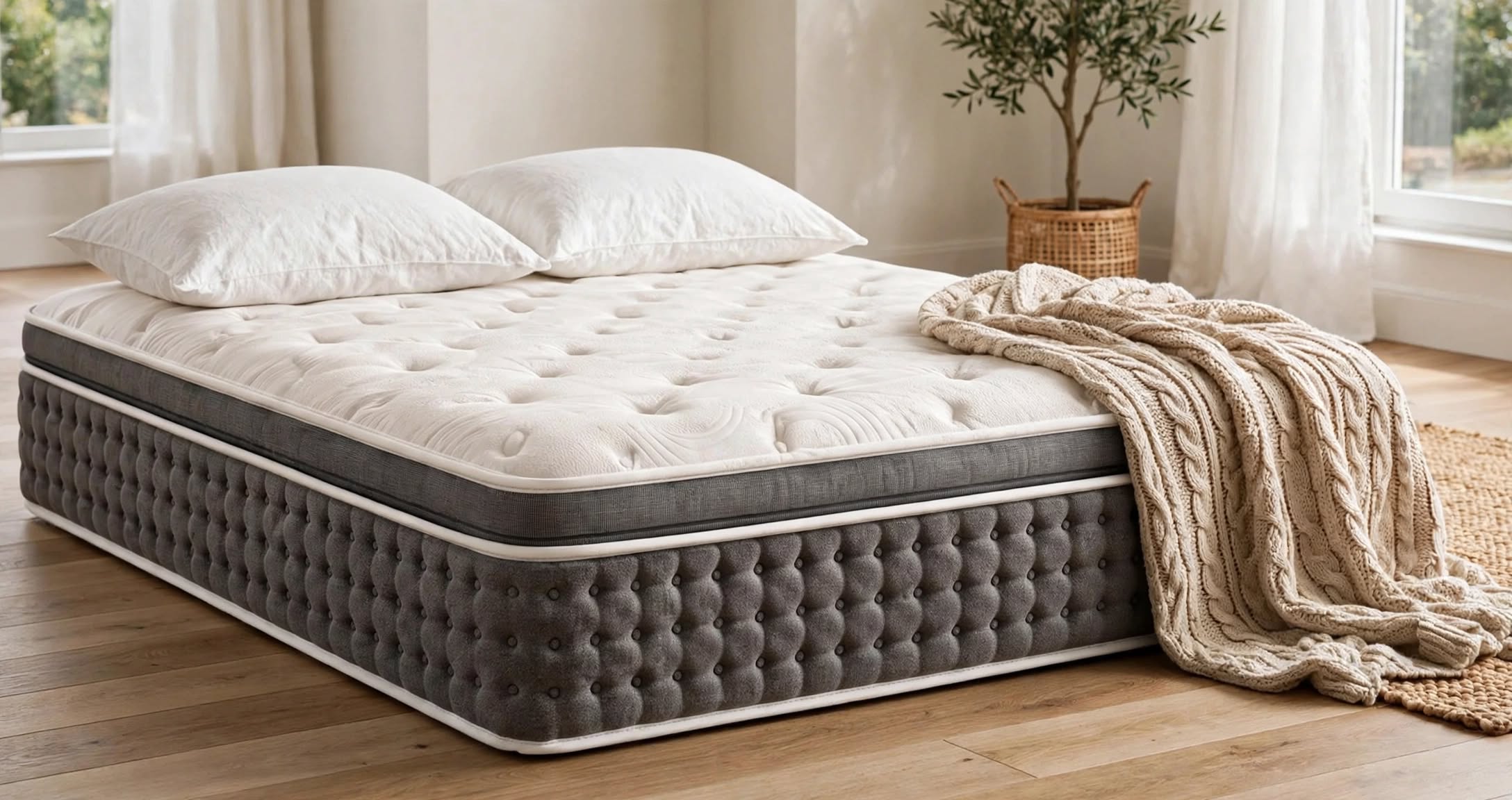 Lux Pocket Memory Mattress with 1000 pocket springs white tufted top and grey foam encapsulated sides medium luxury feel styled with pillows and throw on bedroom floor