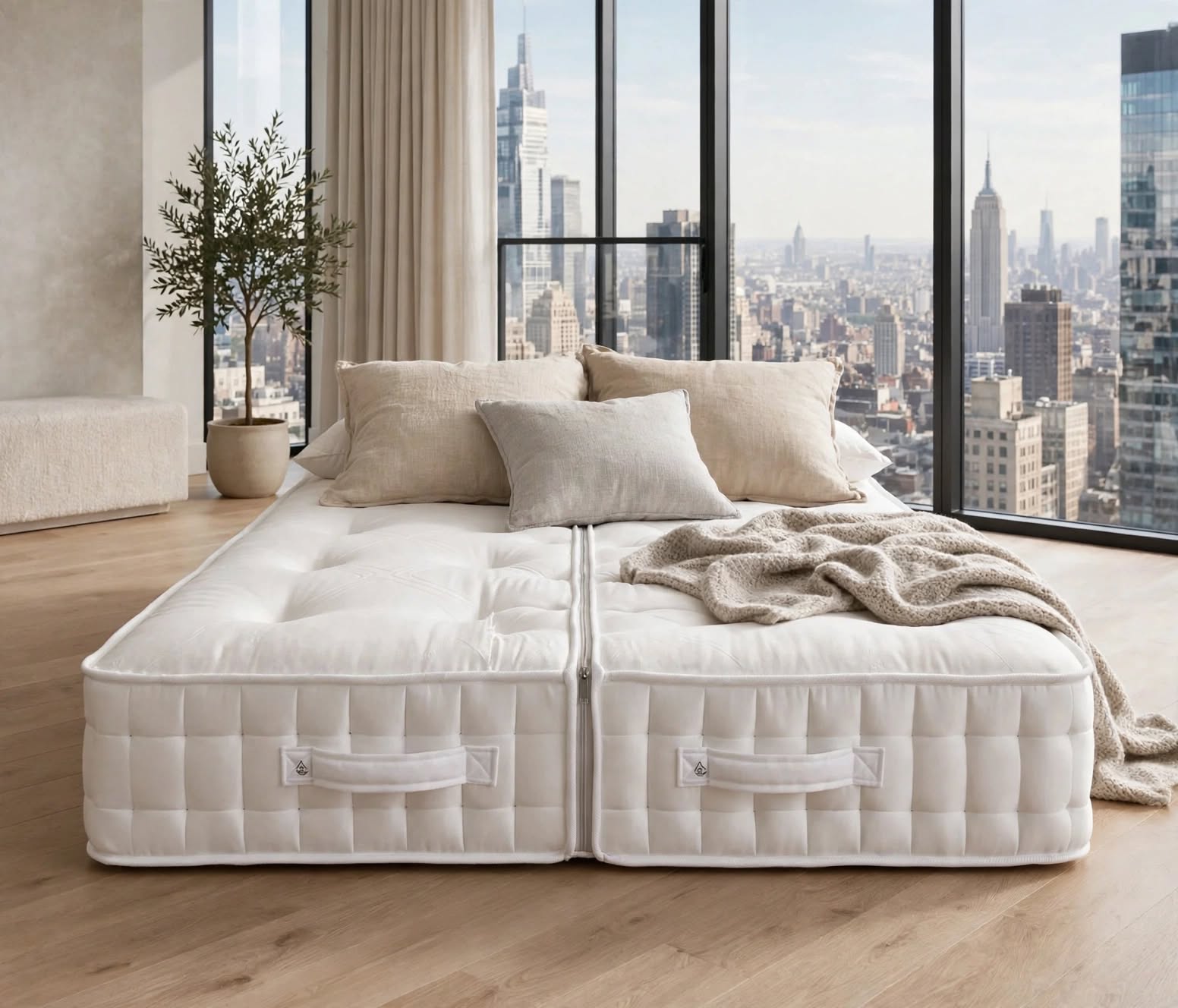 Luxury white tufted zip-and-link mattress styled as a floor bed with beige linen pillows and a knit throw in a high-end New York apartment with skyline views